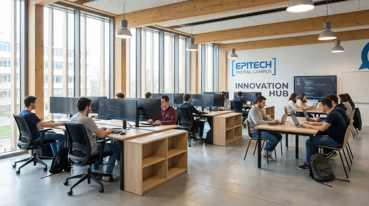 Campus Epitech Rennes — espace de travail collaboratif avec étudiants et ordinateurs